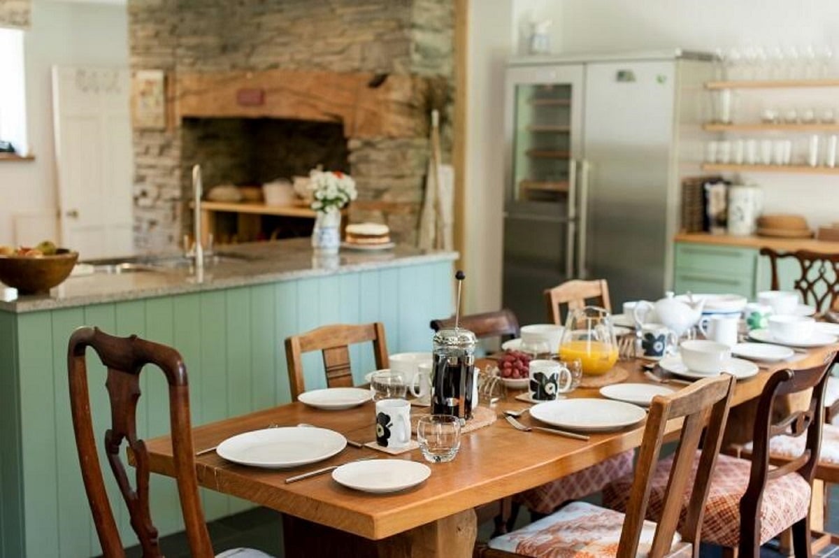 The large oak table is perfect for sociable meals